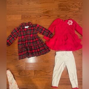 2 holiday red dresses/plaid and sparkly fancy dress with leggings S 2t
